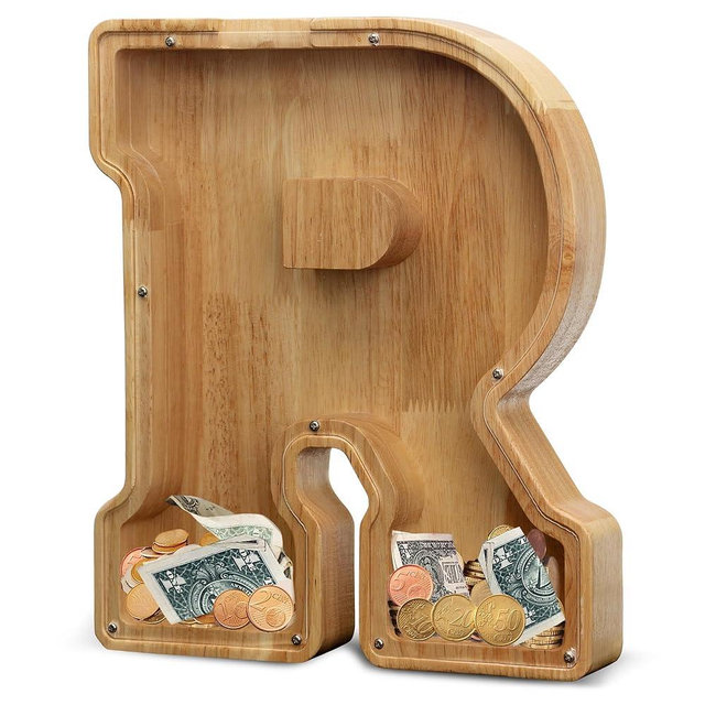 AORCMITN Extra Large Wooden Letter Coin Piggy Bank for Boys Girls Kids Toddler Alphabet R Money Bank (Initial-R-12)