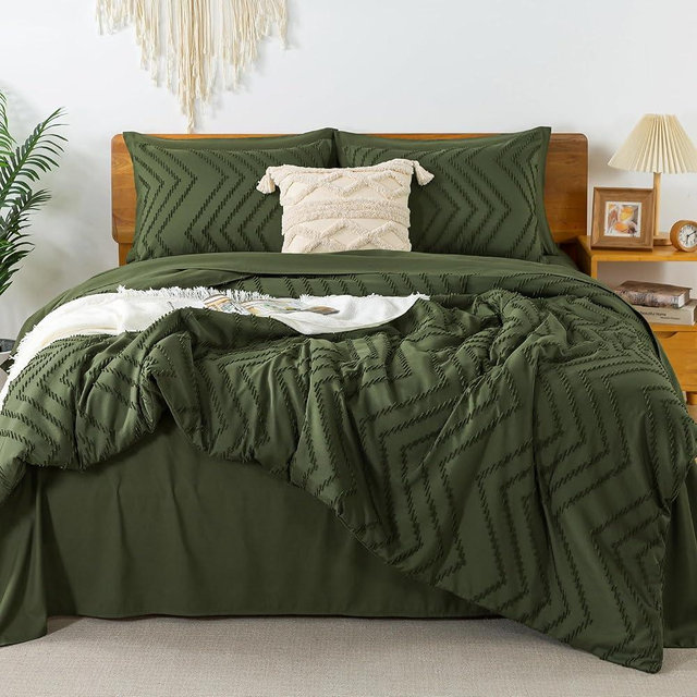 Litanika Comforters Queen Size Set with Sheets Dark Olive Green - 7 Pieces Bed in a Bag Queen Chevron Tufted Complete Beddding Sets with Comforter, Sheets, Pillowcases & Shams