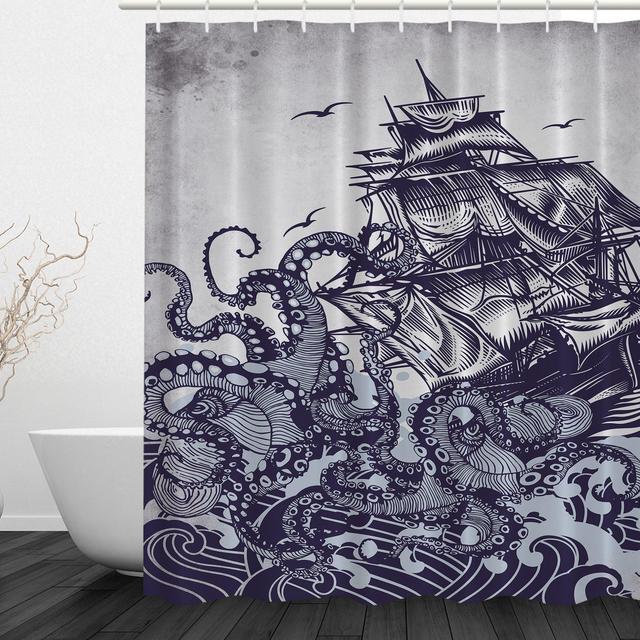 Sail Boat Waves and Octopus Old Look Home Textile European Style Bathroom Decoration Luxurious Cozy Lovely Decor Pleasing Peculiar Design Hand Drawing Effect Fabric Shower Curtain (Blue)
