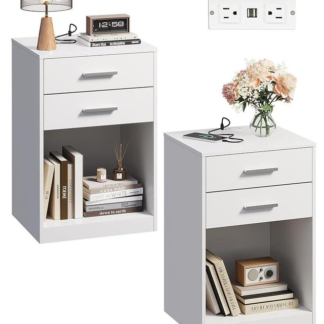 WLIVE Night Stand Set of 2 with Charging Station, Nightstands with 2 Wood Drawers and Open Shelf, Bed Side Tables Living Room, Bedroom, Modern End Table Set 2, White