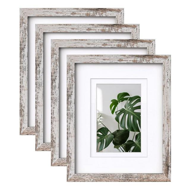 Egofine 8x10 Picture Frame Made of Solid Wood Covered by Plexiglass Set of 4, Display Pictures 4x6/5x7 with Mat or 8x10 Without Mat for Table Top Display and Wall Mounting Photo Frame, Rustic White