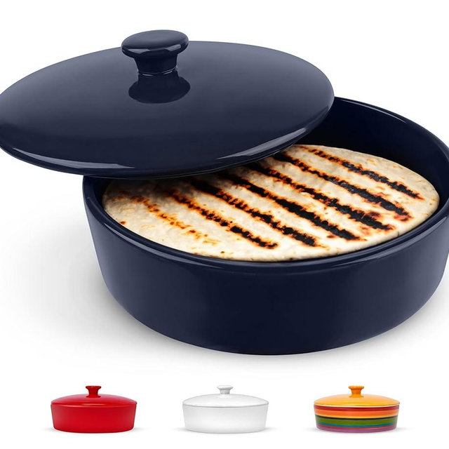KooK Tortilla Warmer, Tortilla Holder, Taco Bar, Ceramic Hand-painted with Lid, Authentic, Microwavable Storage Container, Dishwasher Safe, 8.5 Inch, Navy Blue