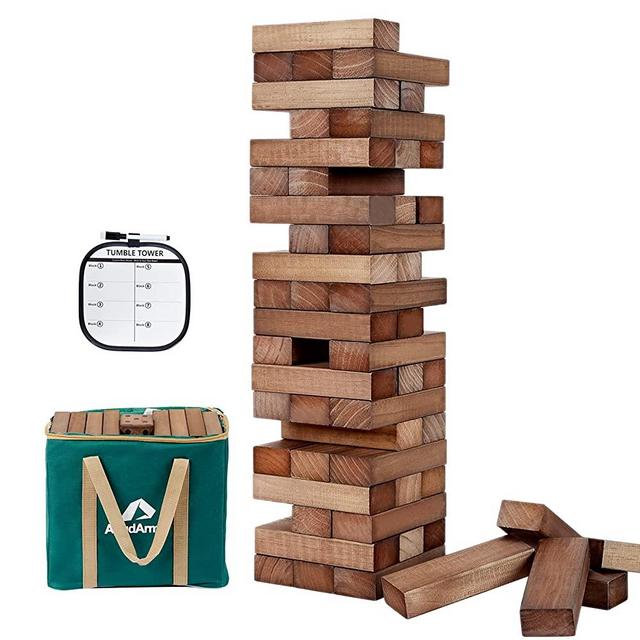 ApudArmis Giant Tumble Tower (Stack from 2Ft to Over 4.2Ft), 54 PCS Pine Wooden Stacking Timber Game with 1 Dice Set - Classic Block Giant Outdoor Game for Kids Adults Family(Brown)