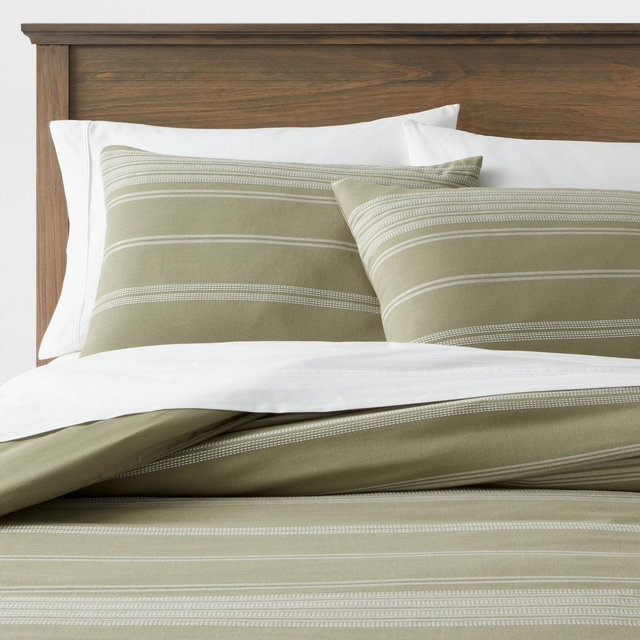 Full/Queen Cotton Woven Stripe Duvet Cover & Sham Set Moss Green/White - Threshold™