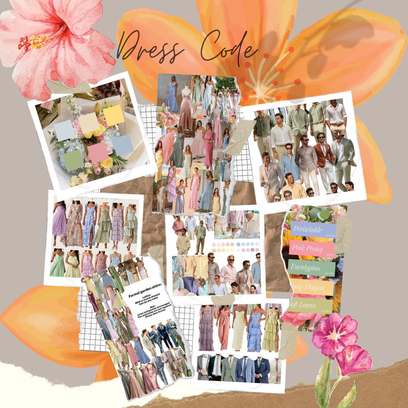 Spring , florals , pastels. Our wedding does take place on a hotter day so we encourage light linens