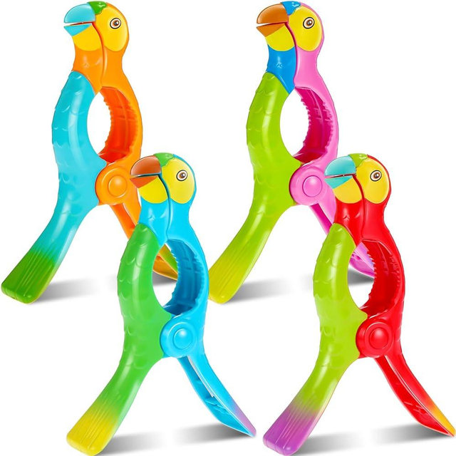 4 Pieces Beach Towel Clip Jumbo Size Chair Clips Towel Holder Clothes Pegs Christmas Stocking Clamp for Cruise Patio Pool Holiday Vacations(Parrot,Colorful)