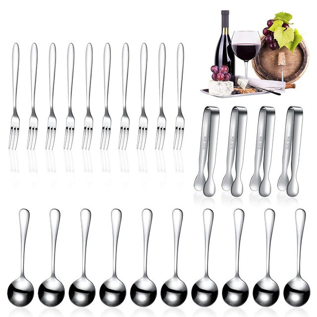 Cunhill 24 Pcs Charcuterie Accessories Mini Cocktail Tongs Small Serving Spoons and Appetizer Forks Stainless Steel Tongs Charcuterie Utensils for Valentine‘s Day Party(Silver, Circular Spoon)