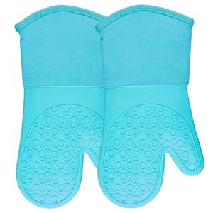 HOMWE - Silicone Oven Mitts with Quilted Cotton Lining - Professional Heat Resistant Kitchen Pot Holders - 1 Pair (Turquoise - 13.7 Inch Long, Oven Mitts)