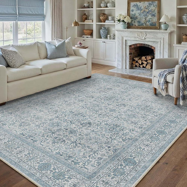 PureCozy Area Rug 6x9 Blue Washable Living Room Carpet Soft Non Slip Vintage Bedroom Indoor Office Traditional Retro Distressed Large Throw Rug for Dining Room Kitchen Playroom