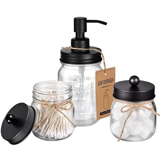 SheeChung Mason Jar Bathroom Accessories Set - Includes Liquid Hand Soap Dispenser and Qtip Holder Set - Rustic Farmhouse Decor Apothecary Jars Bathroom Countertop and Vanity Organizer (Black)