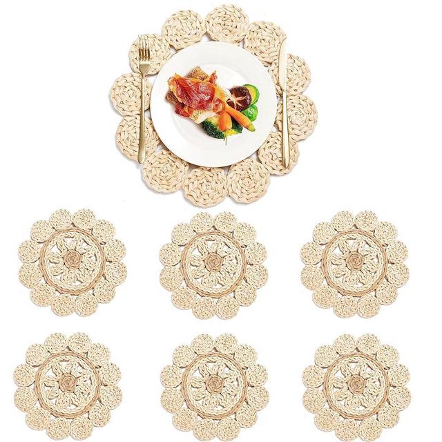 Donmills Round Woven Placemats for a Dining Table Set of 6, Water Hyacinth Wicker Placemats, Straw Placemats, Natural Placemats 13.5 in for Table, Coasters, Pots, Pans & Teapots in The Kitchen