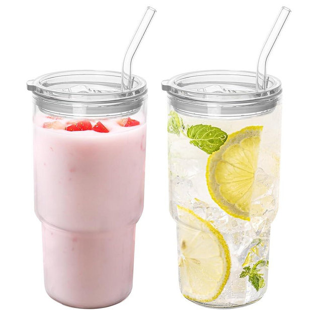 Dingerjar Glass Tumbler with Lid and Straw, High Borosilicate Glass Coffee Cup Smoothie Cups 24 oz/750ml for Hot or Cold Drinks 2 Pack
