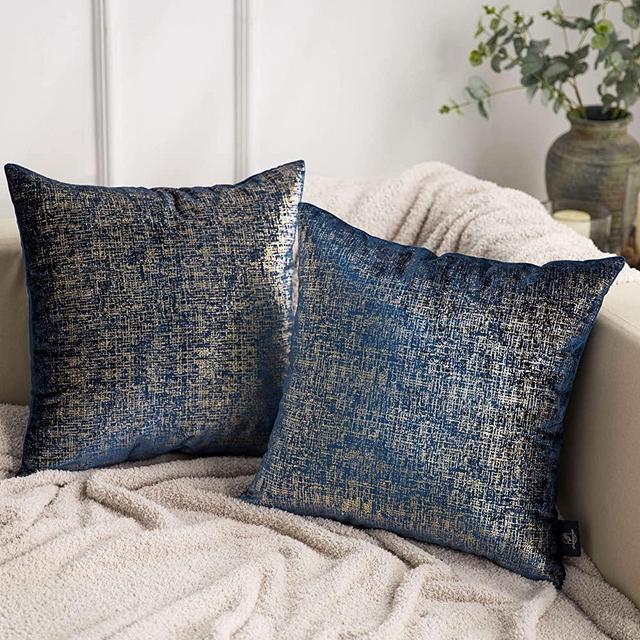 Phantoscope Pack of 2 Sparkling Velvet Decorative Throw Pillow Covers Soft Gold Glitter Square Cushion Cover Pillowcase for Couch Bed and Chair, Navy Blue, 18 x 18 inches, 45 x 45 cm
