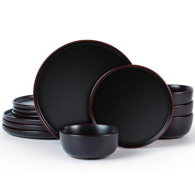 famiware Mercury Plates and Bowls Sets, 12 Pieces Stoneware Dinnerware Sets, Dishes Set for 4, Microwave and Dishwasher Safe, Matte Black