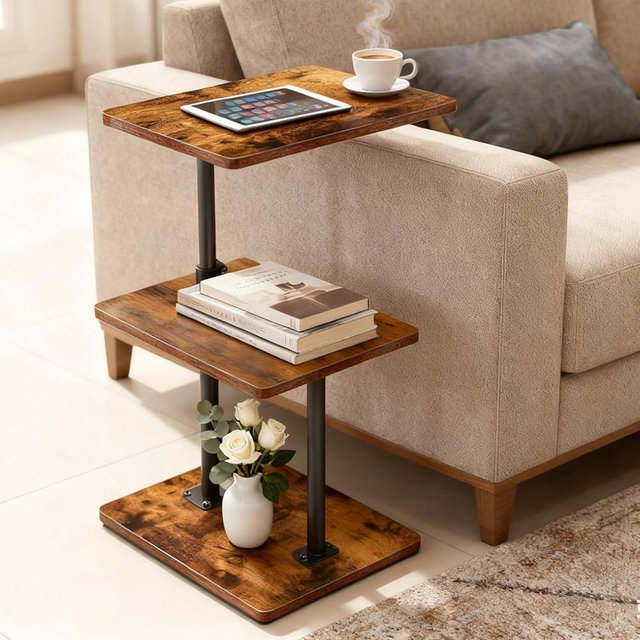 LAIDUOLEOE Swivel Side Table for Couch, 3 Tier Small End Table Adjustable Height with Rotatable Tray, Space Saving Nightstand with Storage Shelf for Living Room, Bedroom, Small Spaces