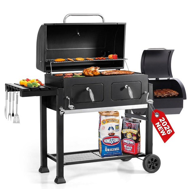 30 Inch Barrel Charcoal Grill and Offset Smoker, 1015 sq. in. Cooking Area Outdoor BBQ Grill, Perfect for Outdoor Cooking Barbecue Patio Garden Backyard Party