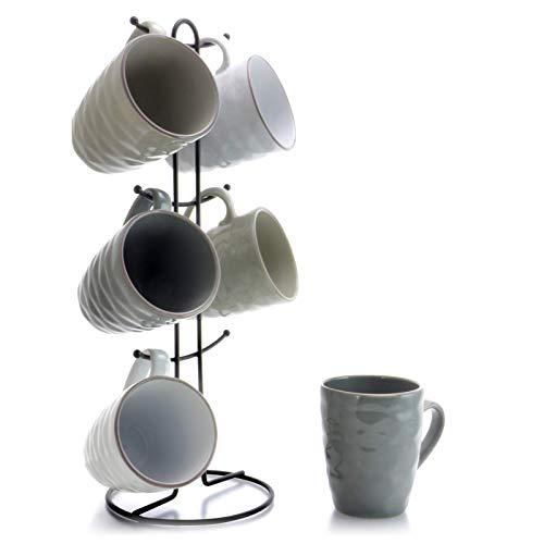 Elama EL-TAHITIANWAVES Tahitian Waves 6 Piece 12 oz Mug Set in Assorted Tones with Complimentary Stand, 12oz, Multicolor