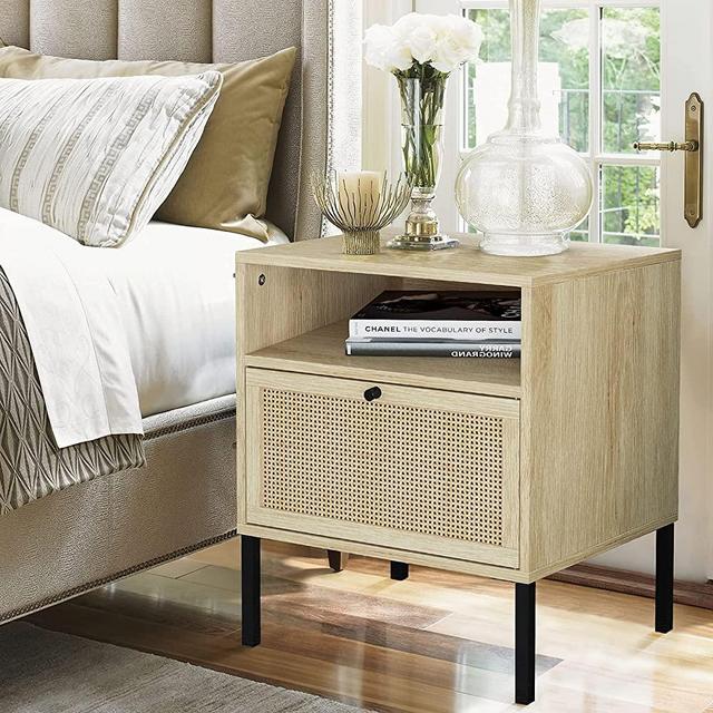 Recaceik Nightstand Storage End Table with Rattan Door, Open Storage & Solid Metal Legs, Small Bedside Tables Mid Century Modern Side Tables Nightstand for Living Room Bedroom Small Spaces, Natural