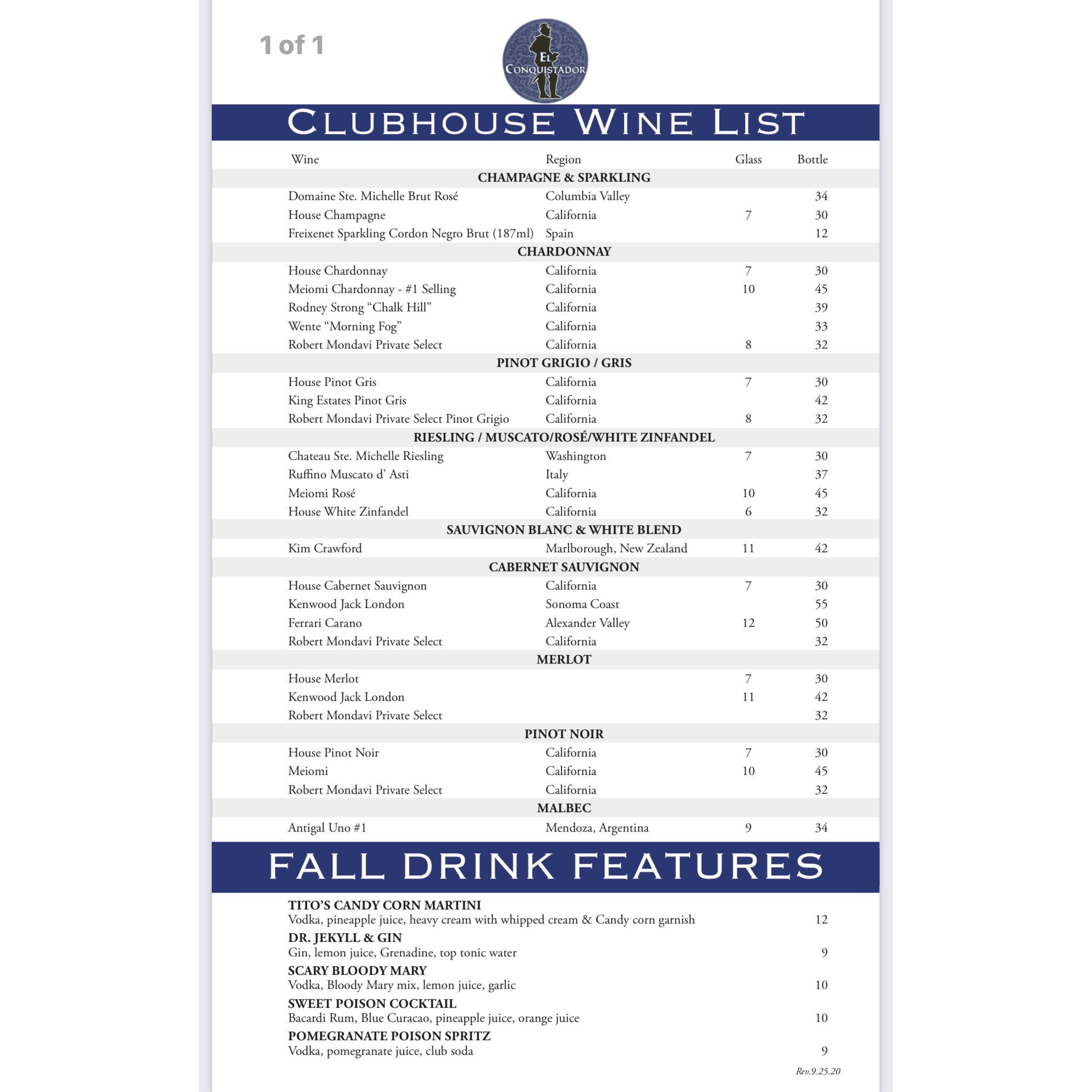 El Conquistador wine menu
