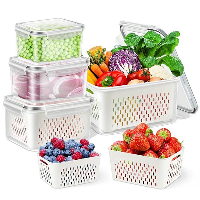 TBMax Fruit Vegetable Storage Containers for Fridge - 4 Pack Large Capacity Produce Saver Containers Refrigerator Organizer Bins, BPA-Free Plastic Produce Keepers with Lid & Colander for Salad Berry Lettuce Storage