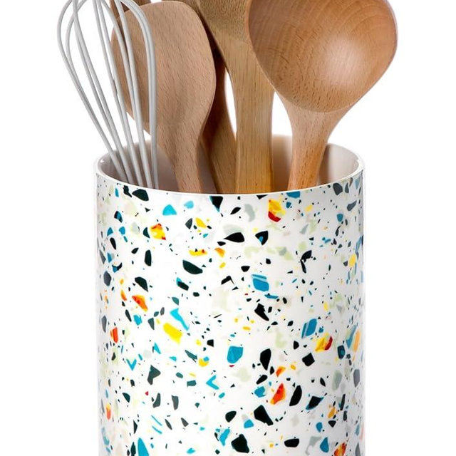 Nucookery Utensil Holder, 6.4" Ceramic Kitchen Utensil Holder for Countertop with Protection Cork Bottom, Vintage Farmhouse Kitchen Decor for Counter (Marble Pattern)