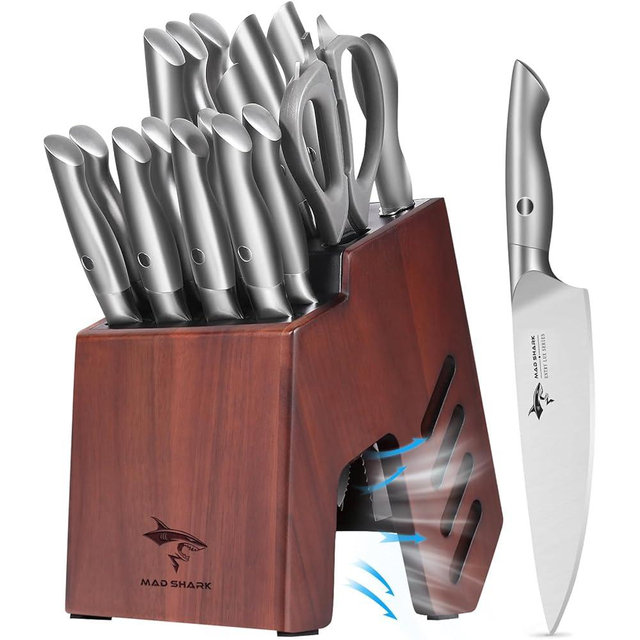 MAD SHARK Knife Sets for Kitchen with Block, 17 Pieces Knife Block Set, Wooden Block German Stainless Steel Chef Knife Set with Bread Knife and Steak Knives, Dishwasher Safe, Sliver