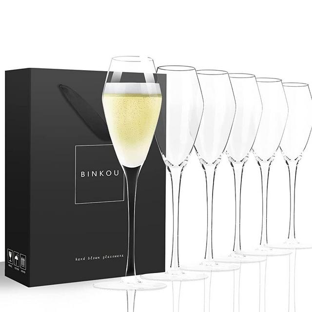 Champagne Flutes Glass Set of 6 - Hand Blown Tulip Champagne Glasses - Elegant Style Long Stem - Gift for Wedding, Anniversary, Mother's Day - 9oz