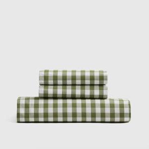 Olive Gingham Classic Organic Percale Fitted Sheet Set