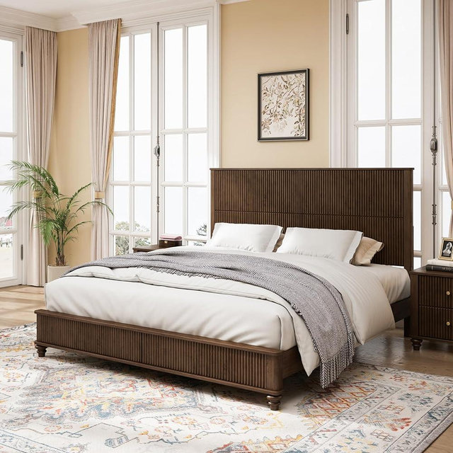SABAITEC King Size Solid Wood Platform Bed Frame, Wood Platform Bed Frame with 79.13" Headboard, Solid Wood Leg/No Box Spring Needed/Noise Free/Brown