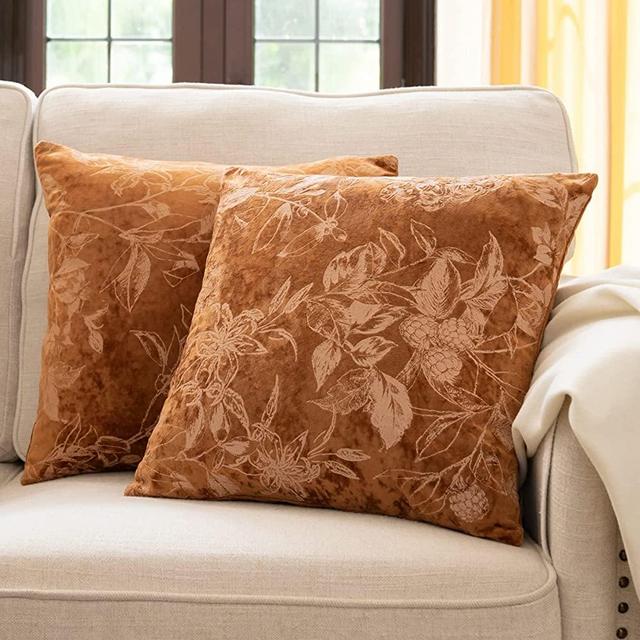 Decorative Pillow Cover Set of 2, Caramel Brown, 18 x 18 Inch Square Floral Patterned Velveteen Cushion Covers with Invisible Zipper, Euro Sham Pillow Covers for Home Decor Couch Sofa Car