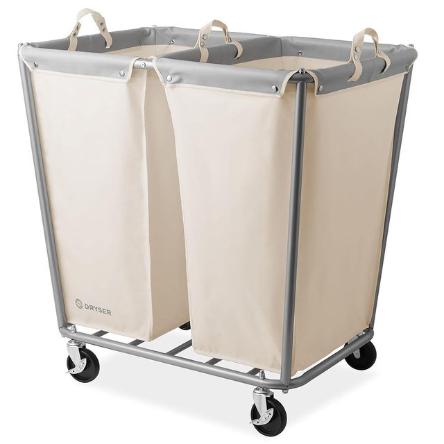 Dryser Divided Commercial Heavy-Duty Rolling Laundry Hamper, Steel Frame Cart on Wheels with 2 Section Removable Canvas Bins for Hotel or Home - White
