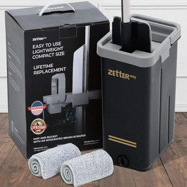 Zetterway Small Black Mop and Bucket Set, Flat Squeeze Mop and Bucket with Wringer Set for Home, Mops for Floor and Wall Cleaning, Wet Dry Mop Bucket, with 2 Microfiber Mop Pads