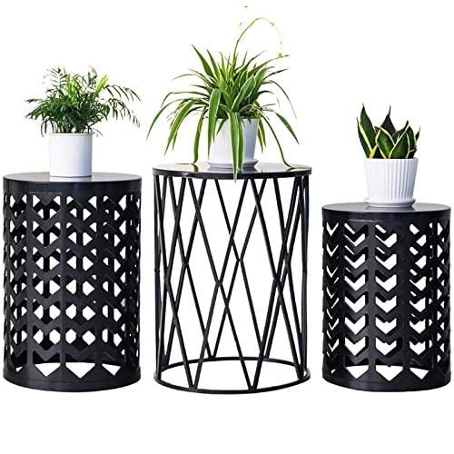 Nesting Side Table, Y&M Set of 3 Stacking Coffee Table for Living Room, Indoor End Tables, Outdoor Garden Stool with Heavy Duty Metal Frame Modern Industrial Decor - Pure Black (Ship from US)