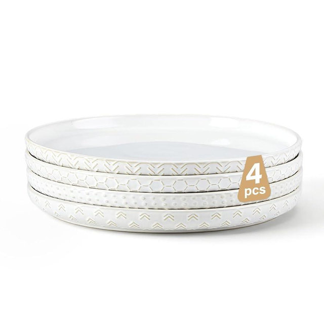 Lareina Ceramic Dinner Plates 10 Inch, Embossed Boho Stoneware Plates for Dessert, Salad, Appetizer, Dinner, Microwave & Dishwasher Safe, Scratch Resistant-Set of 4, Ivory White