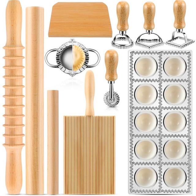 12 Piece Ravioli Mold Set with Press, Scraper, Cutter, Pierogi Maker, Rolling Pin, Gnocchi Board, Wooden Roller, and 4 Ravioli Stamp Maker Cutters for Making Pasta, Dumplings, and Pierogi (Style 1)