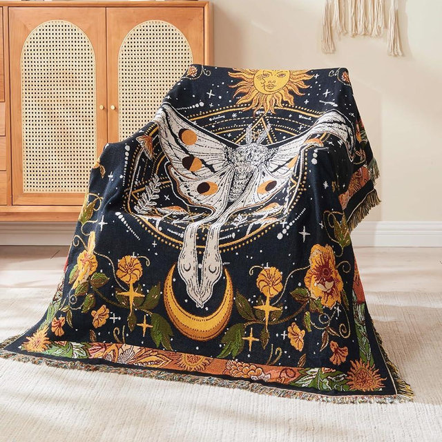 Shesyuki Boho Throw Blanket Reversible Cotton Bohemian Tapestry Hippie Room Decor Outdoor Blanket Double Sided (Black Butterfly 50"x60")