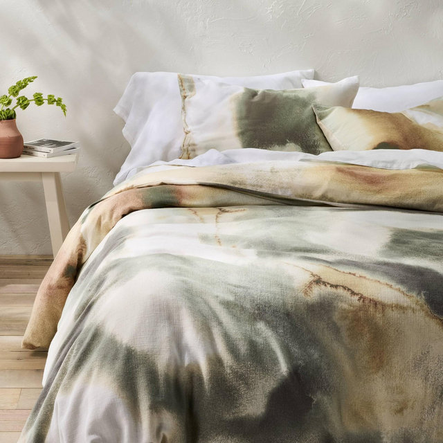 Full/Queen Heavyweight Linen Blend Duvet Cover and Sham Set Washed Watercolor Print - Casaluna™