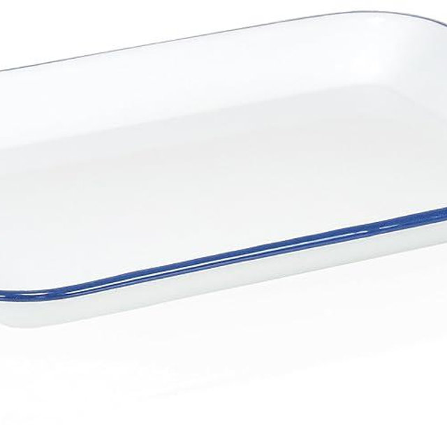 Red Co. 13.5” x 10” Enamelware Metal Classic 1.6-Quart Rectangular Serving Tray, Solid White/Navy Blue Rim