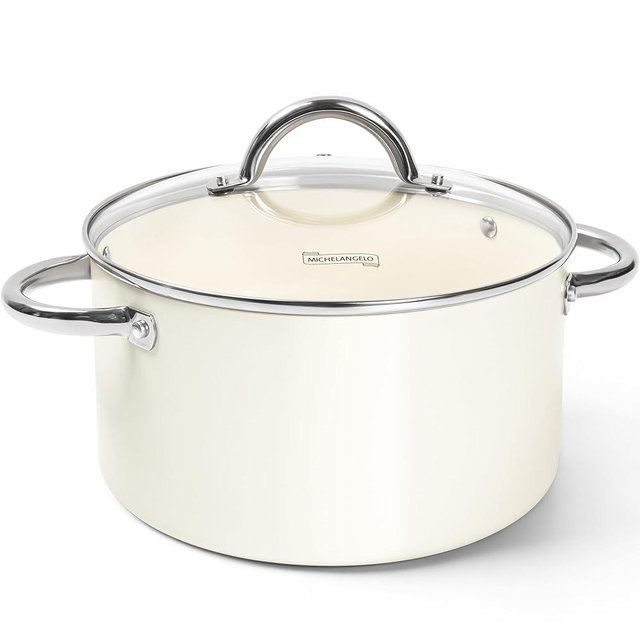 MICHELANGELO Stock Pot with Lid, 6 Quart Soup Pot with Lid for Cooking, Non Stick Ceramic Coating, Stainless Steel Handle, Induction Compatible, Cream
