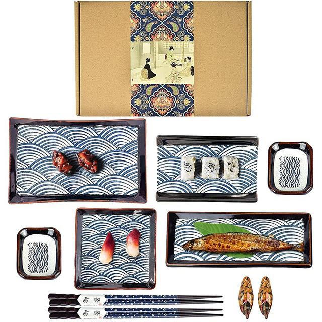 Artcome 10 Piece Japanese Style Ceramic Sushi Plate Dinnerware Set with 4 Sushi Plates, 2 Sauce Dishes, 2 Pairs of Chopsticks, 2 Chopsticks Holders