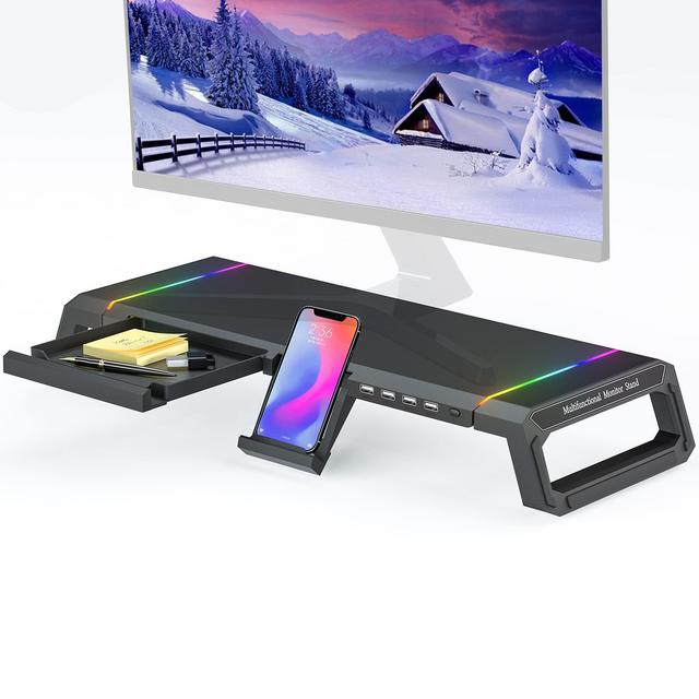 Monitor Stand for Desk RGB Gaming Lights with USB 2.0 Hub, MOOJAY Foldable Computer Screen Riser with Storage Drawer and Phone Holder, Desk Organizer Laptop Shelf, for PC/Laptop/iMac - Black