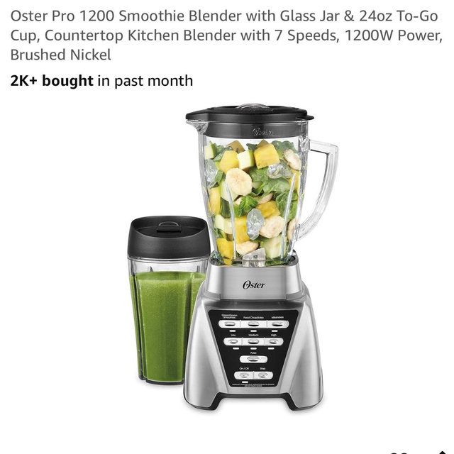 Oster Pro 1200 Smoothie Blender with Glass Jar & 24oz To-Go Cup, Countertop Kitchen Blender with 7 Speeds, 1200W Power, Brushed Nickel