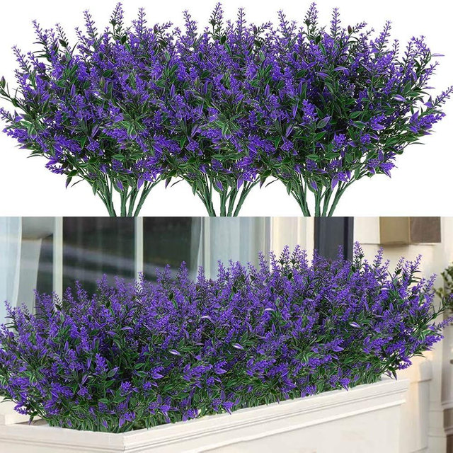 ArtBloom 24 Bundles Outdoor Artificial Lavender Fake Flowers UV Resistant Shrubs Plants, No Fade Faux Plastic Greenery for Hanging Plants Garden Porch Window Box Home Wedding Farmhouse Decor (Purple)