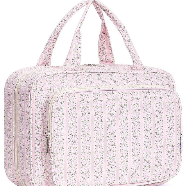 Narwey Travel Toiletry Bag for Women Large Hanging Makeup Bag Organizer Toiletries Bag for Full Size Essentials Accessories Cosmetics (Pink Flower Buds (Large))