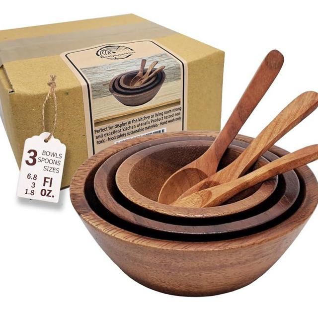 BestySuperStore Tiny Nesting Round Wood Bowls Mix Size 2⅞", 3⅝", 4½" Stackable Acacia Wooden Bowl Set with 3 spoons for serving salad dip sauce snack rice pasta cereal Decor Tableware Nested Dish Sets