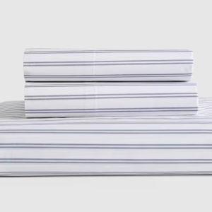 Classic Organic Percale Fitted Sheet Set in Double Stripe Mineral (Without Flat Sheet)