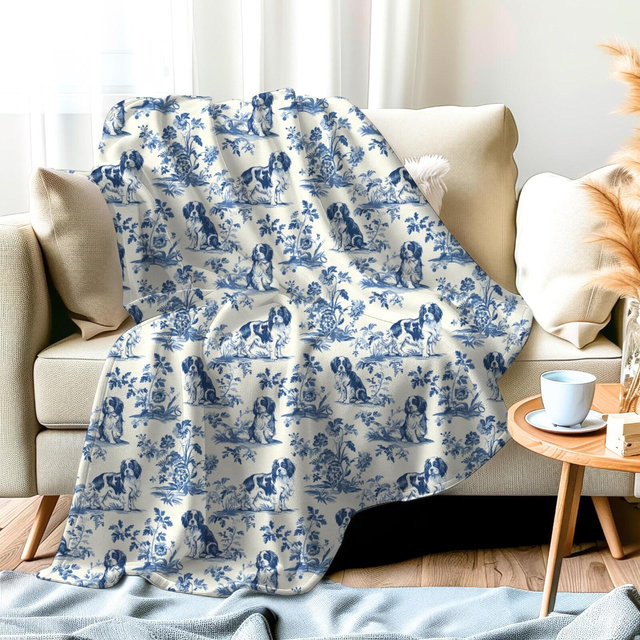 Cavalier King Charles Spaniel French Toile Blanket, Velveteen Blue Toile de Jouy Cozy Throw for Cavalier Lovers, Blanket Gift for Dog Lovers