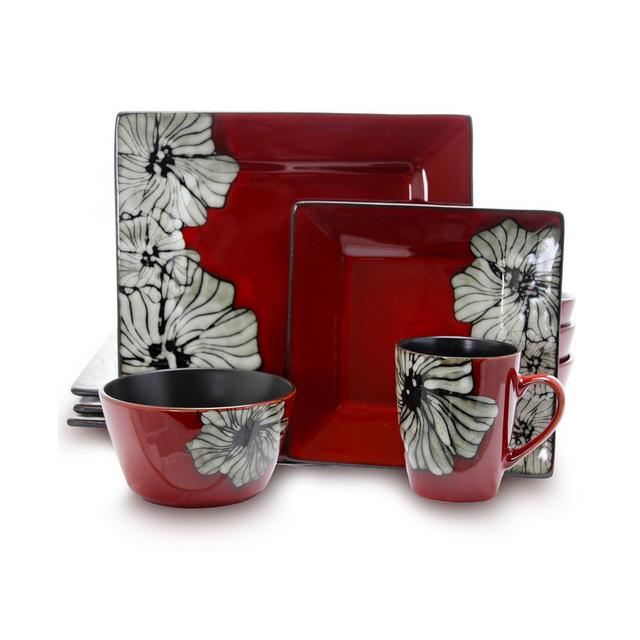 Elama Winter Bloom 16 Piece Square Stoneware Dinnerware Set