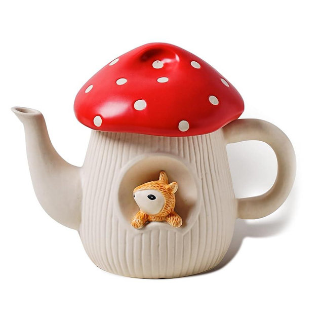 RESVUGA Cute Mushroom Teapot, Handmade Glaze Polka Dot Lid, Safety Matt Ceramic Tea Pot, With squirrel decoration. 23 oz / 680 ml. Best Gifts for Women & Girls.