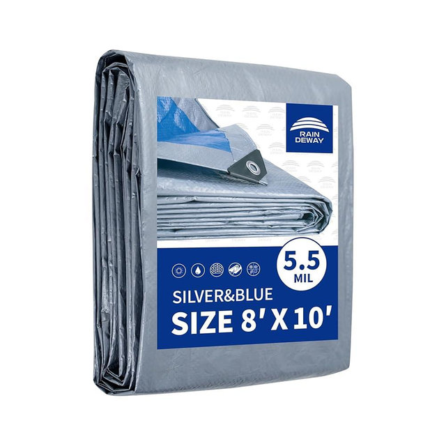 RAINDEWAY Tarps 8x10 Feet, 5.5 Mil - Multipurpose Waterproof Poly Tarp Cover with Metal Grommets and Reinforced Edges, Silver/Blue Tarp